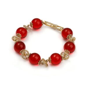 Złota bursztynowa bransoletka w kolorze lśniącej wiśni z cyrkoniami